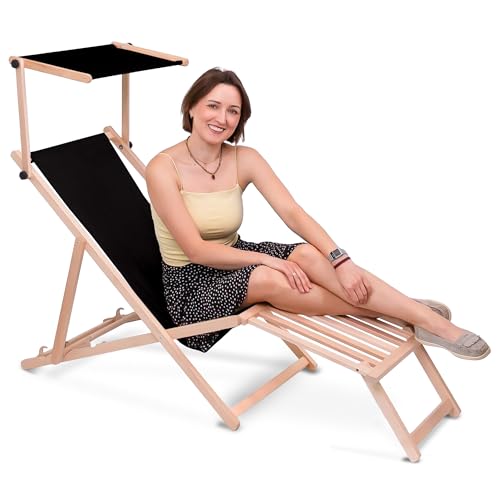 DreamRoots Sonnenliege klappbar mit Dach aus Holz - Liegestuhl mit Sonnenschutz & Fußstütze aus Holz bis 130 kg, Oxford-Polyester 220g/m², 3-Fach verstellbar - Black DreamRoots Sonnenliege klappbar mit Dach aus Holz - Liegestuhl mit Sonnenschutz & Fußstütze aus Holz bis 130 kg, Oxford-Polyester 220g/m², 3-Fach verstellbar - Black von DreamRoots