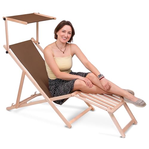 DreamRoots Sonnenliege klappbar mit Dach aus Holz - Liegestuhl mit Sonnenschutz & Fußstütze aus Holz bis 130 kg, Oxford-Polyester 220g/m², 3-Fach verstellbar - Brown DreamRoots Sonnenliege klappbar mit Dach aus Holz - Liegestuhl mit Sonnenschutz & Fußstütze aus Holz bis 130 kg, Oxford-Polyester 220g/m², 3-Fach verstellbar - Brown von DreamRoots