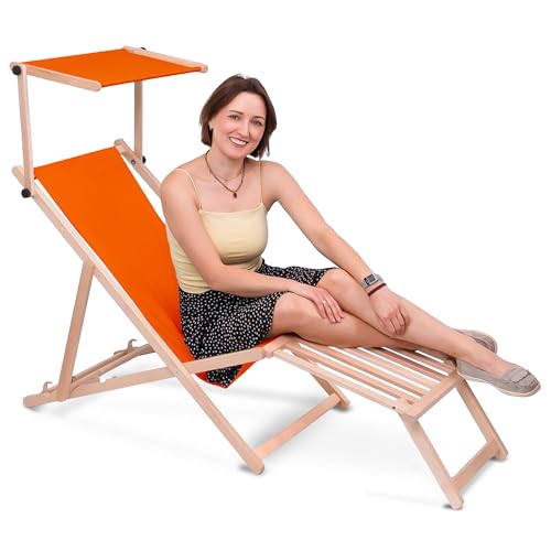 DreamRoots Sonnenliege klappbar mit Dach aus Holz - Liegestuhl mit Sonnenschutz & Fußstütze aus Holz bis 130 kg, Oxford-Polyester 220g/m², 3-Fach verstellbar - Orange DreamRoots Sonnenliege klappbar mit Dach aus Holz - Liegestuhl mit Sonnenschutz & Fußstütze aus Holz bis 130 kg, Oxford-Polyester 220g/m², 3-Fach verstellbar - Orange von DreamRoots