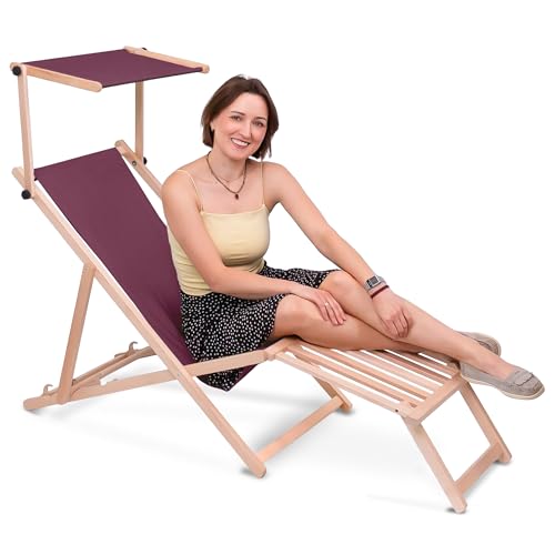 DreamRoots Sonnenliege klappbar mit Dach aus Holz - Liegestuhl mit Sonnenschutz & Fußstütze aus Holz bis 130 kg, Oxford-Polyester 220g/m², 3-Fach verstellbar - Plum DreamRoots Sonnenliege klappbar mit Dach aus Holz - Liegestuhl mit Sonnenschutz & Fußstütze aus Holz bis 130 kg, Oxford-Polyester 220g/m², 3-Fach verstellbar - Plum von DreamRoots