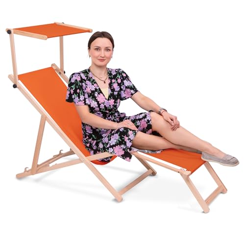 DreamRoots Sonnenliege klappbar mit Dach aus Holz - Liegestuhl mit Sonnenschutz & Fußstütze bis 130 kg, Oxford-Polyester 220g/m², 3-Fach verstellbar - Orange DreamRoots Sonnenliege klappbar mit Dach aus Holz - Liegestuhl mit Sonnenschutz & Fußstütze bis 130 kg, Oxford-Polyester 220g/m², 3-Fach verstellbar - Orange von DreamRoots