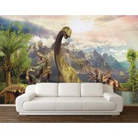 Dinosaurier Tapete, Dschungel Wandbild, T Rex Wandkunst, Tyrannosaurier Wandbehang, Titanosaurus Wanddeko, Dino Wand Gobelin, Dschungel von DreamVinyl