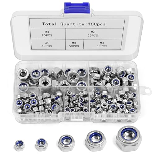 180 Stück Sicherungsmuttern Sortiment Set, M3 M4 M5 M6 M8 Sechskantmuttern, Muttern Sortiment 304 Edelstahl, Sechskant Muttern Set, Kontermuttern für Schrauben und Gewindestangen von Dreamark