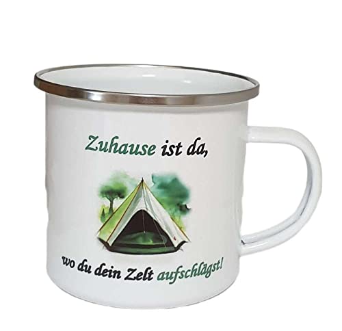 Dreambase Retro Emailletasse, Becher, Geschenk-Idee, Camping - Zelten, 300ml (Zuhause ist da, wo du dein Zelt aufschlägst!) von Dreambase