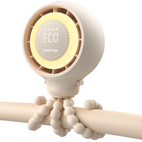 Dreamegg Tragbarer Ventilator Kinderwagen, Intelligente LED-Anzeige, Flexibler Stativlüfter Clip Ventilator 360° Abnehmbare 4 Geschwindigkeiten, 2 Nachtlicht, 4000mAh Wiederaufladbarer USB-Ventilator von Dreamegg