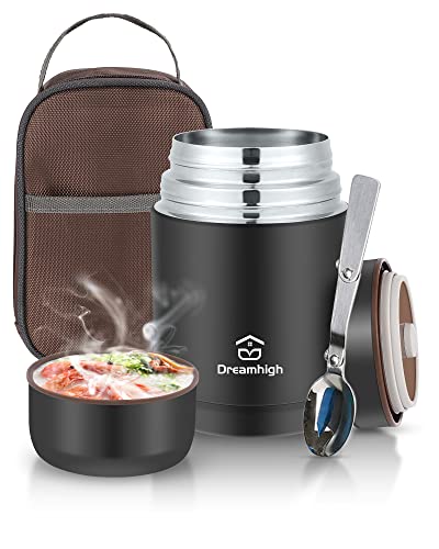 Dreamhigh® Thermobehälter für Essen 800 ml, Edelstahl Warmhaltebehälter Speisegefäß für Essen, Thermoskanne Essen Auslaufsicher, inkl. Löffel, 12 Stunden Heiß, 12 Stunden Kalt (Schwarz) von Dreamhigh