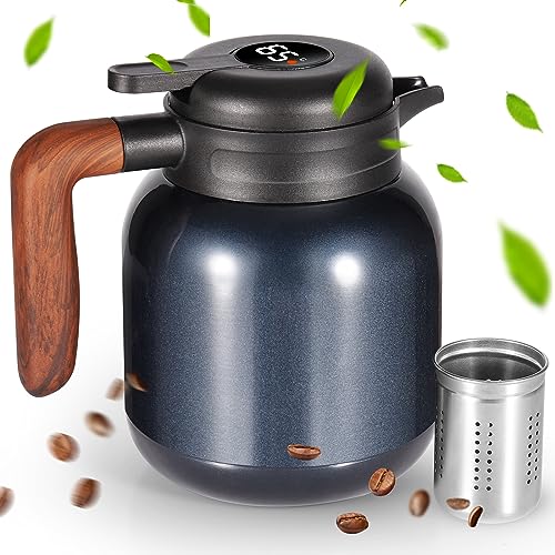 Dreamhigh® Thermoskanne 1L mit Teesieb, Isolierkanne mit Temperaturanzeige, gut abgedichtet Kaffeekanne (kein Leck, kein Tropfen), für Kaffee, Tee und Milch von Dreamhigh