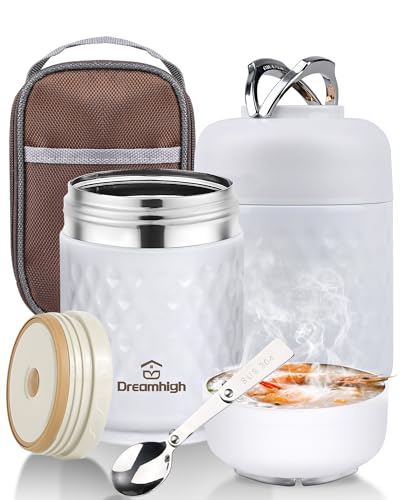 Dreamhigh® 700ml Thermobehälter für Essen, Edelstahl Warmhaltebehälter Speisegefäß für Essen Mit tragbarem Tragegriff, Thermoskanne Essen Auslaufsicher, 12 Stunden Heiß, 12 Stunden Kalt(Weiss) von Dreamhigh