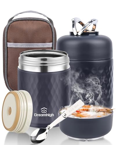 Dreamhigh® 700ml Thermobehälter für Essen, Edelstahl Warmhaltebehälter Speisegefäß für Essen Mit tragbarem Tragegriff, Thermoskanne Essen Auslaufsicher, 12 Stunden Heiß, 12 Stunden Kalt(Schwarz) von Dreamhigh