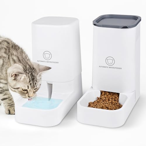 Dreamhigh® Automatischer Futterspender Katze, 2.1kg Futterautomat Katze und 3.8L Wasserspender Hund, Ohne Strom, PBA Frei Reisefutterspender Katzen Wasserspender-Weiß von Dreamhigh