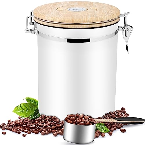 Dreamhigh® Kaffeedose Luftdicht 1kg Bohnen - Kaffeebehälter aus Edelstahl mit Messlöffel, Deckel aus Holzmaserung-2800 ml von Dreamhigh