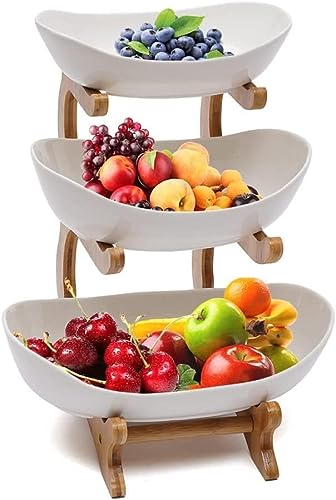 Dreamhigh® Keramik Obst Etagere mit 3 Etagen, Platzsparendes Obstkorb Etagere für die Familie, Stabil Und Ohne zu Zittern, Obstschale Modern mit Natürlichem Bambus Steher, für Gemüse, Obst, Snacks von Dreamhigh