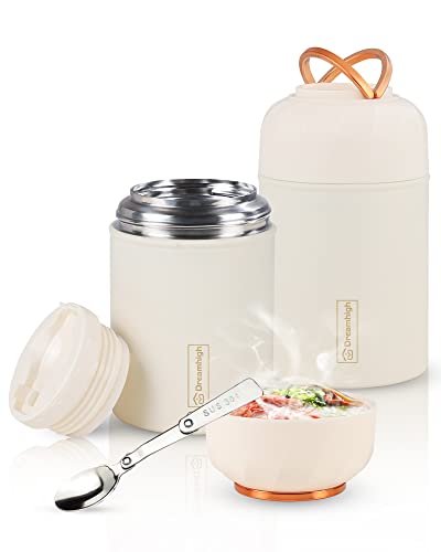 Dreamhigh® Thermobehälter für Essen 550 ml, Edelstahl Thermobecher Essen mit faltbaren Löffel, Warmhaltebehälter Auslaufsicher, 10 Stunden Heiß, 12 Stunden Kalt, Speißen, Suppe, Brei, Joghurt (Weiß) von Dreamhigh