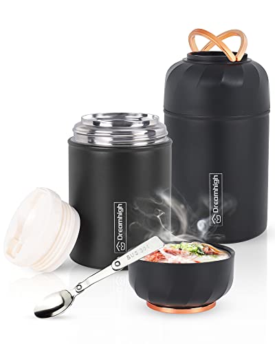 Dreamhigh® Thermobehälter für Essen 550 ml, Edelstahl Thermobecher mit faltbaren Löffel, Warmhaltebehälter Auslaufsicher, 10 Stunden Heiß, 12 Stunden Kalt, Speißen, Suppe, Brei, Joghurt (Schwarz) von Dreamhigh