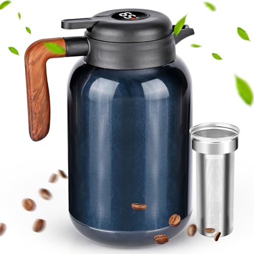 Dreamhigh® Thermoskanne 2L mit Teesieb, Isolierkanne mit Temperaturanzeige, gut abgedichtet Kaffeekanne (kein Leck, kein Tropfen), für Kaffee, Tee und Milch von Dreamhigh