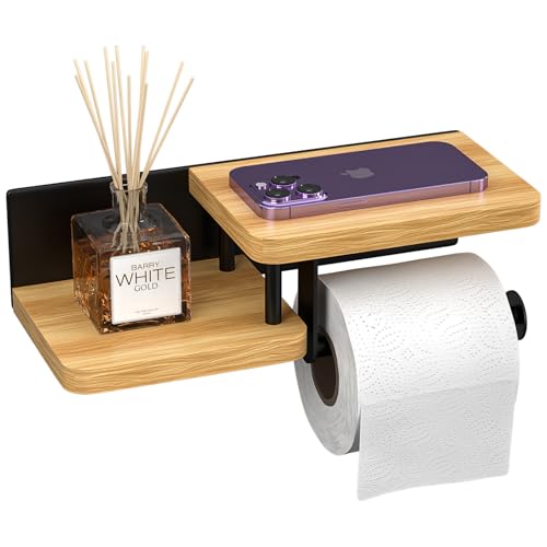 Dreamhigh® Toilettenpapierhalter mit Ablage, Toilettenpapierhalter Holz, Elegante Klopapier Aus Stahl Bambus Aufbewahrung Wc Halterung Klorollenhalter für Küche Badzimmer von Dreamhigh