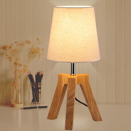 Dreamholder Holz Nachttischlampe, Tripod Schreibtischlampe mit Ein-Aus-Schalter, Nachttischlampe mit Stoffabdeckung zum Lesen, Schlafzimmer, Wohnzimmer, Büro, Naturholz-Basis mit Leinenabdeckung von Dreamholder