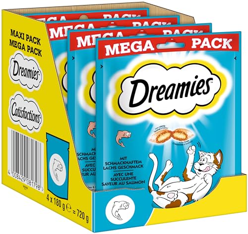 Dreamies Katzensnacks mit Lachsgeschmack, 4er Pack, 4x180g – Außen knusprige & innen cremige Katzenleckerlis von Dreamies