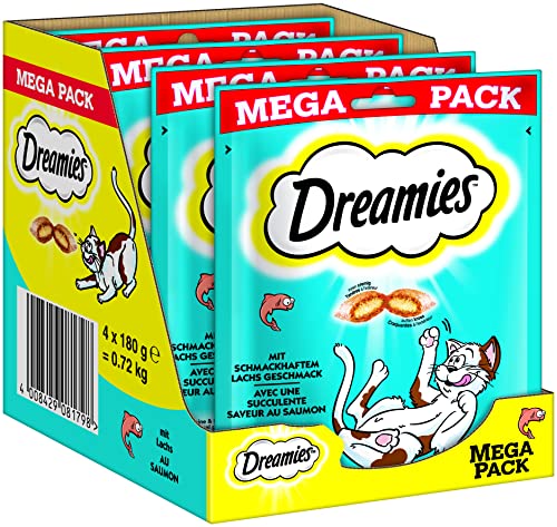 Dreamies Katzensnacks mit Lachsgeschmack, 4er Pack, 4x180g – Außen knusprige & innen cremige Katzenleckerlis von Dreamies