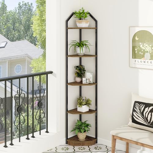 Eckregal, 177,8 cm, 5 Etagen, Eckregal, hohes Bücherregal für Wohnzimmer, Küche, Heimbüro, Schlafzimmer, Regale, Aufbewahrung, Eckpflanzenständer & Bücherregal, Braun von Dreamland