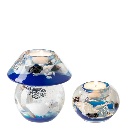 Dreamlight Teelichthalter Deko - 2er Set Traumlight Teelichter Glas Maritime Deko Ocean Muschel Anker Dekoration Maritim - Höhe 6/11 cm von Dreamlight