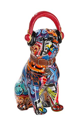 Dreamlight Moderne Skulptur Dekofigur Mops mit Kopfhörern Hund POP Art aus Kunststein Mehrfarbig 13x30 cm von Dreamlight
