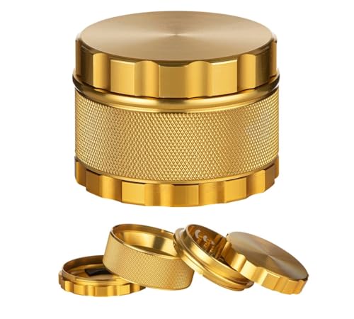 Dreamliner 63 mm Grinder Alu Aluminium Crusher Sieb Tabak Gewürz Kräuter Mühle Metall Gold Farben 4 tlg Magnet Verschluss leaf Herb Spice, 340144 von Dreamliner