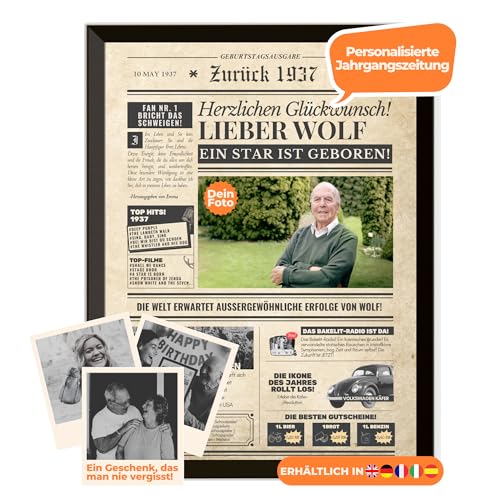 Geburtstagszeitung 1937 – personalisiert mit Foto, Namen und Widmung – originelles Geschenk zum 88. Geburtstag – optional mit Rahmen erhältlich – Vintage Poster im Zeitungsstil für Männer & Frauen Geburtstagszeitung 1937 – personalisiert mit Foto, Namen und Widmung – originelles Geschenk zum 88. Geburtstag – optional mit Rahmen erhältlich – Vintage Poster im Zeitungsstil für Männer & Frauen von Dreams on Paper
