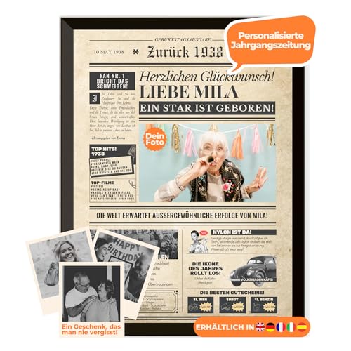 Geburtstagszeitung 1938 – personalisiert mit Foto, Namen und Widmung – originelles Geschenk zum 87. Geburtstag – optional mit Rahmen erhältlich – Vintage Poster im Zeitungsstil für Männer & Frauen Geburtstagszeitung 1938 – personalisiert mit Foto, Namen und Widmung – originelles Geschenk zum 87. Geburtstag – optional mit Rahmen erhältlich – Vintage Poster im Zeitungsstil für Männer & Frauen von Dreams on Paper
