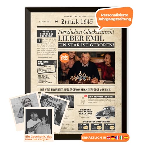 Geburtstagszeitung 1945 – personalisiert mit Foto, Namen und Widmung – originelles Geschenk zum 80. Geburtstag – optional mit Rahmen erhältlich – Vintage Poster im Zeitungsstil für Männer & Frauen Geburtstagszeitung 1945 – personalisiert mit Foto, Namen und Widmung – originelles Geschenk zum 80. Geburtstag – optional mit Rahmen erhältlich – Vintage Poster im Zeitungsstil für Männer & Frauen von Dreams on Paper