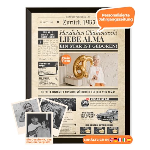 Geburtstagszeitung 1965 – personalisiert mit Foto, Namen und Widmung – originelles Geschenk zum 60. Geburtstag – optional mit Rahmen erhältlich – Vintage Poster im Zeitungsstil für Männer & Frauen Geburtstagszeitung 1965 – personalisiert mit Foto, Namen und Widmung – originelles Geschenk zum 60. Geburtstag – optional mit Rahmen erhältlich – Vintage Poster im Zeitungsstil für Männer & Frauen von Dreams on Paper