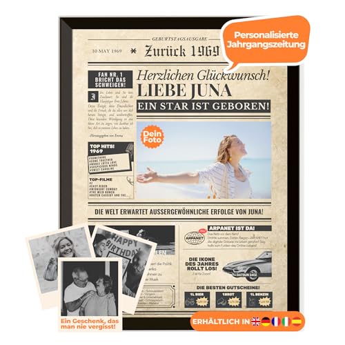 Geburtstagszeitung 1969 – personalisiert mit Foto, Namen und Widmung – originelles Geschenk zum 56. Geburtstag – optional mit Rahmen erhältlich – Vintage Poster im Zeitungsstil für Männer & Frauen Geburtstagszeitung 1969 – personalisiert mit Foto, Namen und Widmung – originelles Geschenk zum 56. Geburtstag – optional mit Rahmen erhältlich – Vintage Poster im Zeitungsstil für Männer & Frauen von Dreams on Paper
