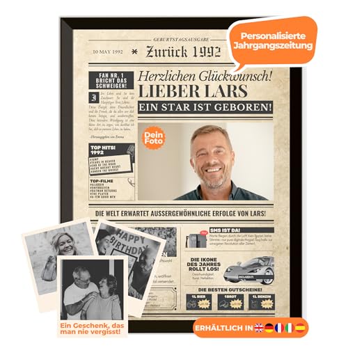 Geburtstagszeitung 1992 – personalisiert mit Foto, Namen und Widmung – originelles Geschenk zum 33. Geburtstag – optional mit Rahmen erhältlich – Vintage Poster im Zeitungsstil für Männer & Frauen Geburtstagszeitung 1992 – personalisiert mit Foto, Namen und Widmung – originelles Geschenk zum 33. Geburtstag – optional mit Rahmen erhältlich – Vintage Poster im Zeitungsstil für Männer & Frauen von Dreams on Paper