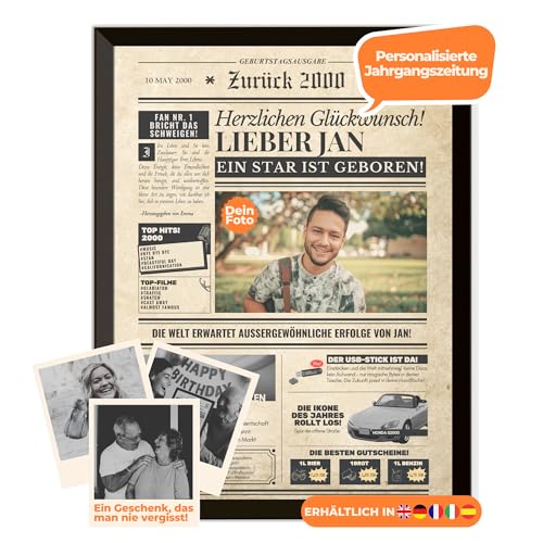 Geburtstagszeitung 2000 – personalisiert mit Foto, Namen und Widmung – originelles Geschenk zum 25. Geburtstag – optional mit Rahmen erhältlich – Vintage Poster im Zeitungsstil für Männer & Frauen Geburtstagszeitung 2000 – personalisiert mit Foto, Namen und Widmung – originelles Geschenk zum 25. Geburtstag – optional mit Rahmen erhältlich – Vintage Poster im Zeitungsstil für Männer & Frauen von Dreams on Paper