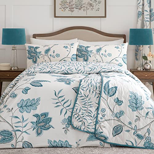 Dreams & Drapes Bettbezug-Sets mit blaugrünem Blumenmuster, King-Size-Größe (230 x 220 cm), türkisfarbenes Damast-Bettwäsche, Weiß und Blau, traditionell/Vintage-Bettwäsche in Blaugrün von DREAMS AND DRAPES