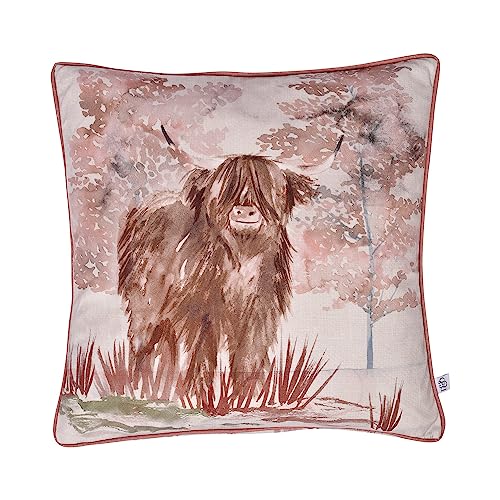 Dreams & Drapes - Hochlandkuh-Kissen (43 x 43 cm) – Kissen Bauernhaus-Kühe – rot kariert/Biber Kissen – Wildtier-/Wald-Kissen – von DREAMS AND DRAPES