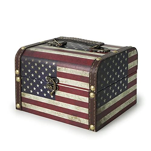 DreamsEden Kleiner Koffer mit amerikanischer Flagge – dekorative Schatz-Andenken-Boxen, Vintage-Blech-Aufbewahrungsbox für Kinder, Mädchen, Jungen, Heimdekorationen (Holz, 17.8x15.2x12.2 cm (LxBxH) von DreamsEden