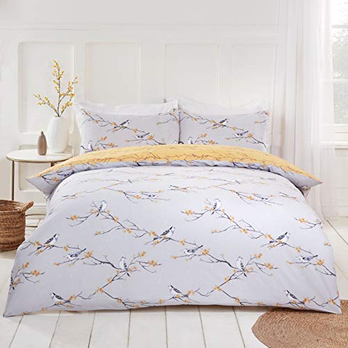 DREAMSCENE Blossom Bird Wende-Bettbezug mit Kissenbezug, Material: 50 Prozent Polyester, 50 Prozent Baumwolle., Grau-Ockergelber Vogel-Aufdruck, Doppelbett DDHSBIRGY02 von DREAMSCENE