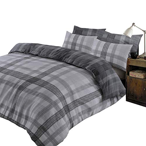 DREAMSCENE Boston 100 Prozent Gebürstete Baumwolle Bettbezug mit Kissenbezug Flanell Thermo Schottenkaro Bettwäsche Set - Chracoal Grau Silber, King BOSTGY13, chracoal Grey Silver, King Size von DREAMSCENE