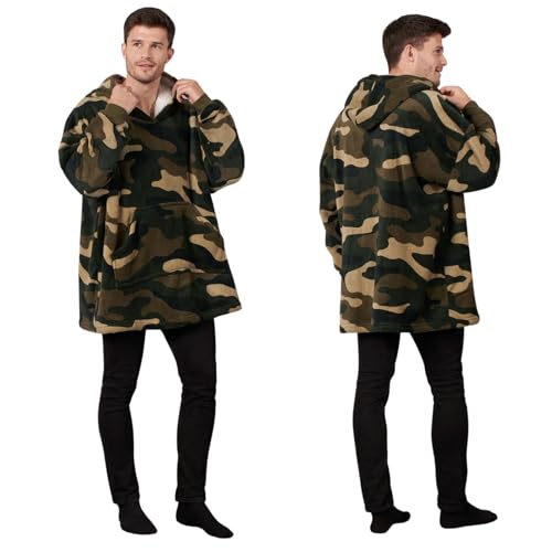 DREAMSCENE Camo Oversized Hoodie Decke Ultra Soft Plüsch Sherpa Fleece Wearable Warm Hooded Throw Cosy Giant Sweatshirt - Grün Khaki, one Size fits All - Adults Kids Men Women von DREAMSCENE