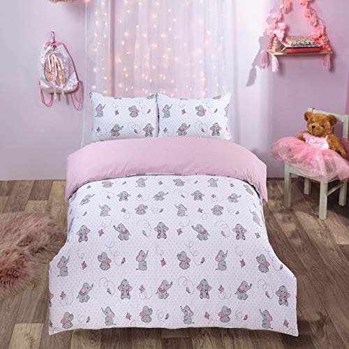 DREAMSCENE Ellie Elefant Bettbezug mit Kissenbezug Wendebettwäsche Set Schmetterling Polka Dot-Doppelbett, Blush Pink Grau Weiß von DREAMSCENE