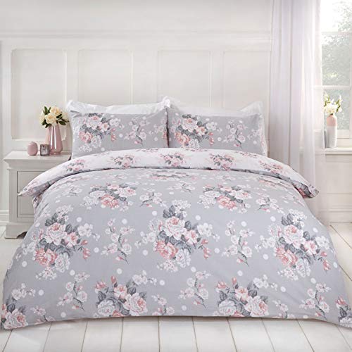 DREAMSCENE Englische Rose Bettbezug mit Kissenbezug, Wende-Bettwäsche-Set, Blumenmuster, Grau/Blush Weiß, Doppelbett DDHSEROGR02, Grau Blush Weiß von DREAMSCENE