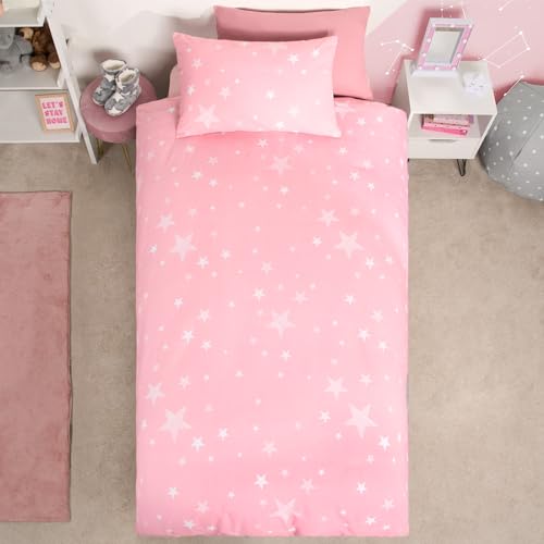 DREAMSCENE Wende-Bettwäsche-Set, Galaxie-Sterne, Bettbezug mit Kissenbezug, für Kinder, Kleinkind, Wendebettwäsche, Blush Pink Grau, Junior/Cot von DREAMSCENE