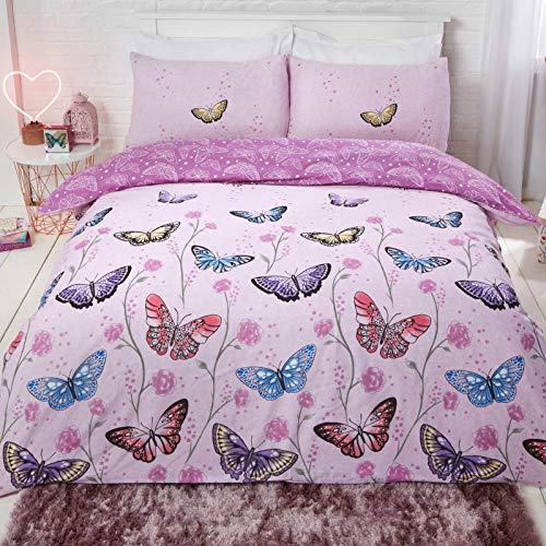 DREAMSCENE Wende-Bettwäsche-Set, Schmetterling Blumen in Violett, Doppelbett von DREAMSCENE