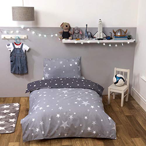 DREAMSCENE Bettbezug mit Kissenbezug - Bettwäsche-Set mit Galaxie-Sternen-Print, Wendbar, Silbergrau - Junior/Babybett-Größe von DREAMSCENE