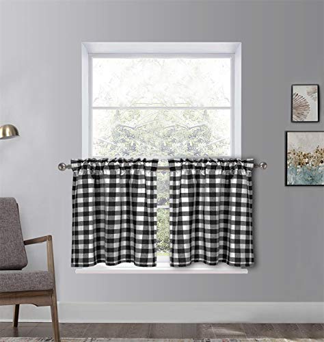 Dreamskull Kurzstores Gardinen Vorhang Landhaus Küche Kurz Fenster Blickdicht Modern Scheibengardinen Bistrogardine Kurzgardine Kurzvorhang Kariert 2er Set 90cm Hoch Wohnzimmer (Schwarz, HxB 90x68cm) von Dreamskull