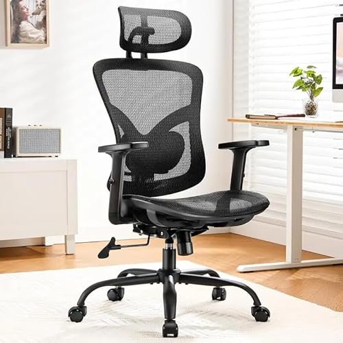 Schwarz bürostuhl Ergonomisch: Hochlehner-Mesh-Stuhl mit verstellbarer Lendenstütze, 2D-Kopfstütze, oberen & unteren Armlehnen, Maximale Belastung: 136kg,90-120° Neigung, breitem Sitzkissen, ideal für von Dreamsmith