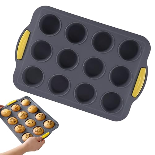 Dreamsolearoy Silikon Muffin Backform 12er mit Griff, Antihaft-Backformen Set für Cupcakes & Mini-Kuchen, 230°C hitzebeständig (Grau+Gelb) von Dreamsolearoy