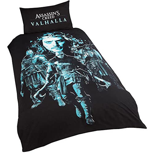 Assassin's Creed Valhalla SP1-ASS-VAL-12 Bettbezug und Kissenbezug für Einzelbett, wendbar, Schwarz/Blau von Assassin's Creed