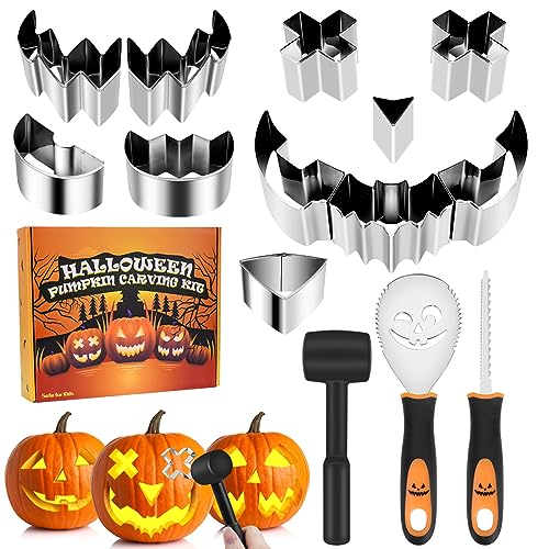 Dreamtop 14 Stück Halloween Kürbis Schnitzset Kürbis Schnitzset Vorlagen Edelstahl DIY Halloween Kürbis schnitzwerkzeug Inklusive Gummihammer für Erwachsene und Kinder von Dreamtop